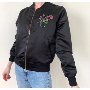 Big Bud Press Black Bomber Jacket w/ Hand & Rose Embroidery Size 2X